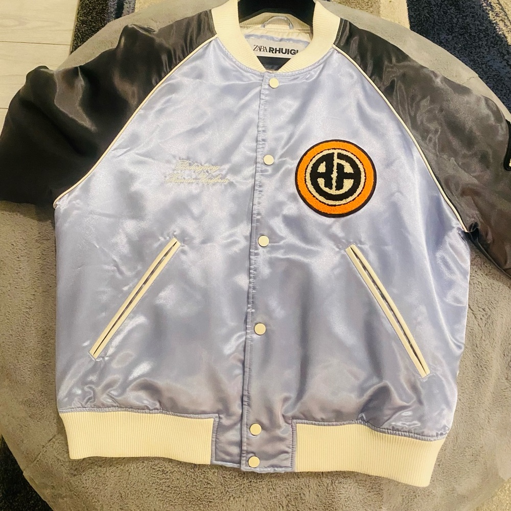 Zara x RHUIGI collab. (RHUDE) Satin Blue, Cream, Grey and Orange Bomber Jacket